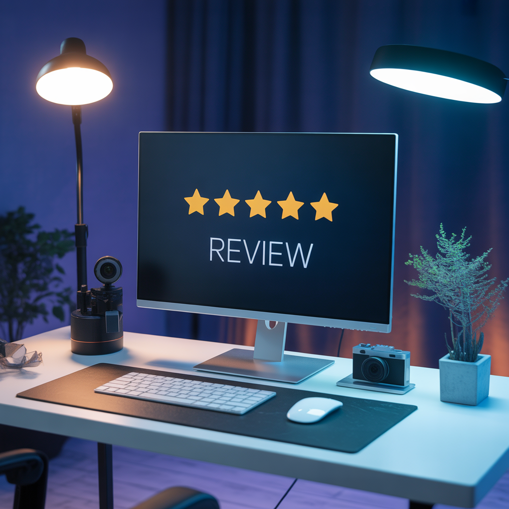 A modern desk setup with gadgets, camera, and a glowing review score on a monitor, cinematic lighting, dark blue and light blue ambiance, no people